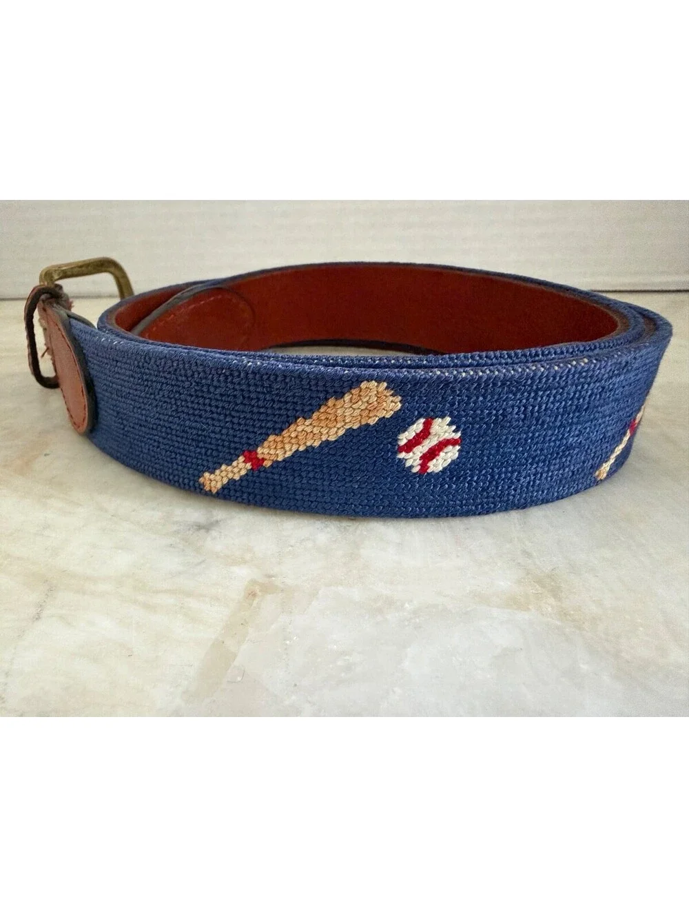 Smathers & Branson Needlepoint Belt Size 36 Baseball Bats Balls Blue Leather Vtg